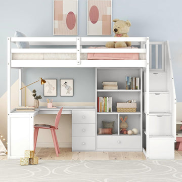 Wood Loft Bed Twin, Multifunctional Twin Bed Frame with L-Shaped Desk and Drawers, Cabinet and Storage Staircase, White