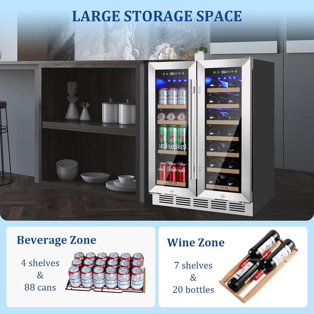 24 Inch Wine and Beverage Refrigerator, Dual Zone Beverage Cooler with Glass Door, Built