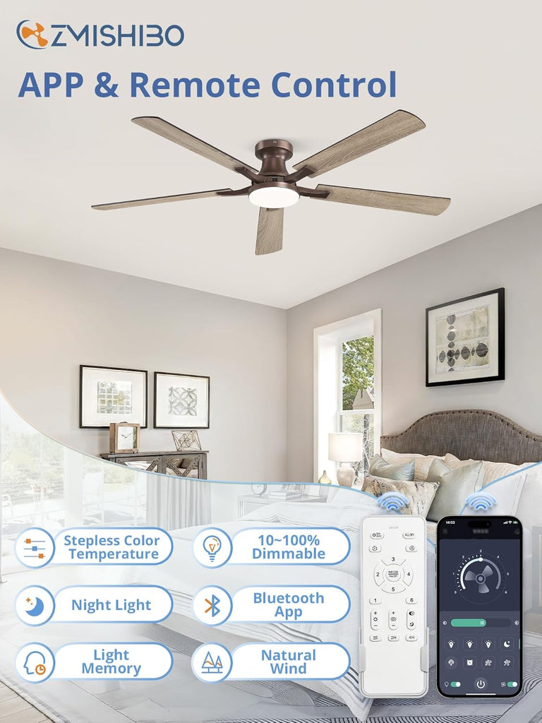 60 Inch Ceiling Fan with Light, App&Remote Control, Flush Mount Low Profile, Dimmable 20W LED Light, Quiet Reversible Motor for Bedroom, Living Room, Apartment, Brown