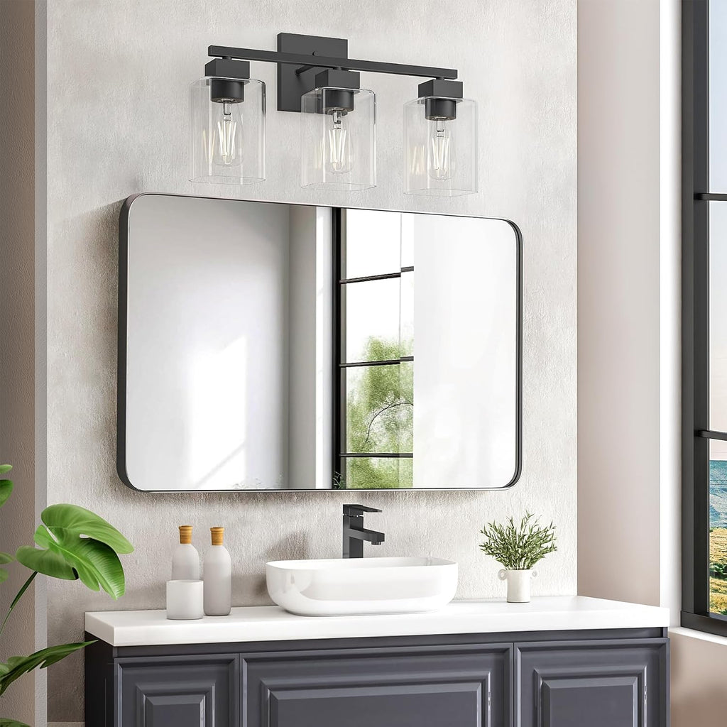 Matte Black Bathroom Vanity Light, 3-Light Vanity Lighting fixtures Over Mirror, Square Design & UL Certification