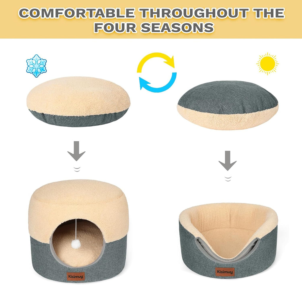 2-in-1 Cat Cave Bed & Lounger with Reversible Plush Cushion, Cat Bed for Indoor Cats, Foldable Anti-Slip Cat House
