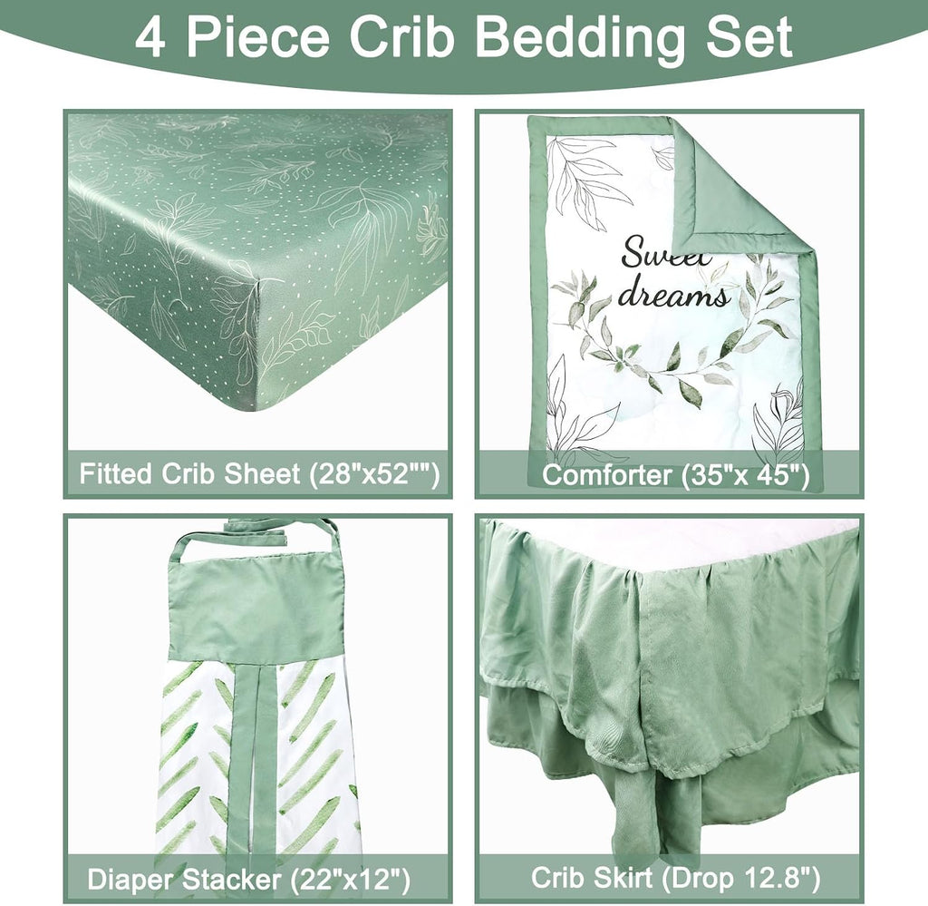 Green Leaf Crib Bedding Set, 4-Piece Baby Boy Bedding Set, Neutral Nursery Bedding Set, Fitted Crib Sheet, Crib