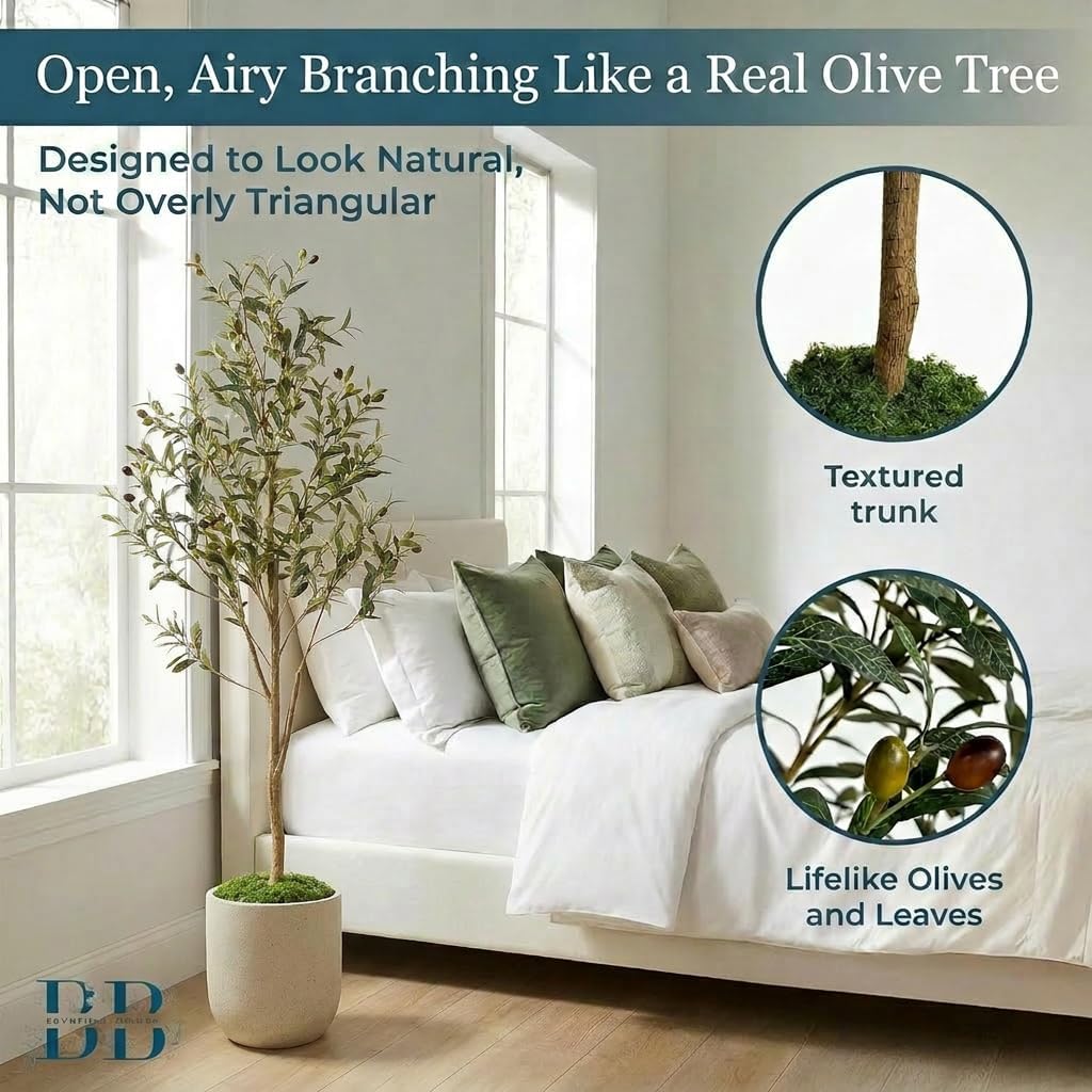 Artificial Olive Tree with Large Modern Planter, Rechargeable Wireless LED Light & Moss - Realistic Fake Potted