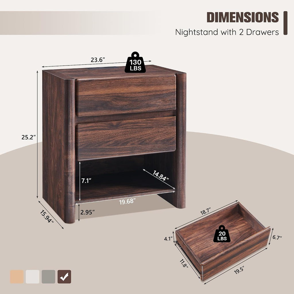 25" Tall Modern Nightstand Set of 2, 23.6" W Night Stand with Charging Station & 2 Storage Drawers & Open Shelf, Wood