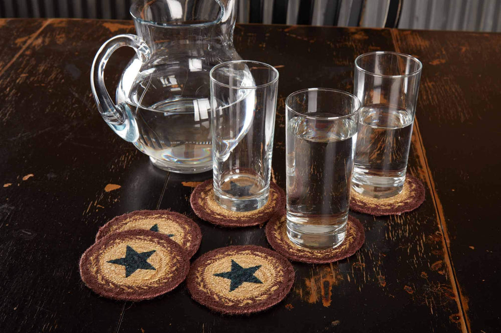 Potomac Star Textured Jute Primitive Tabletop Kitchen Stenciled Round Coaster Set of 6, Natural Tan