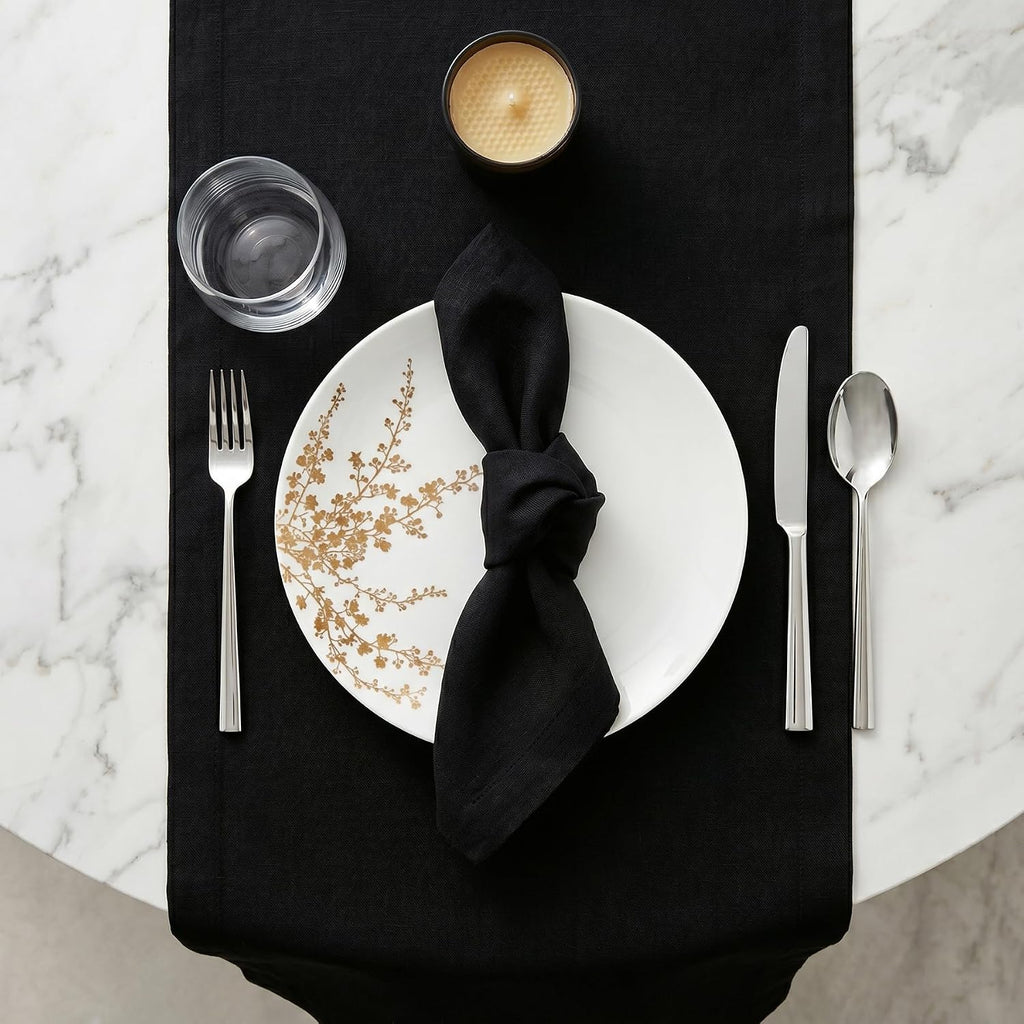 100% Pure Linen Dining Table Runner Black, Fete 14 x 108 in