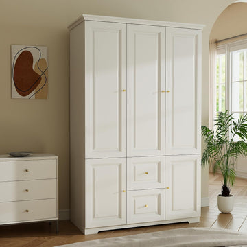 Armoire Wardrobe Closet with Drawers: 74" White Wardrobe Closet with 3 Doors, Tall Bedroom Armoires for Clothes, Wood