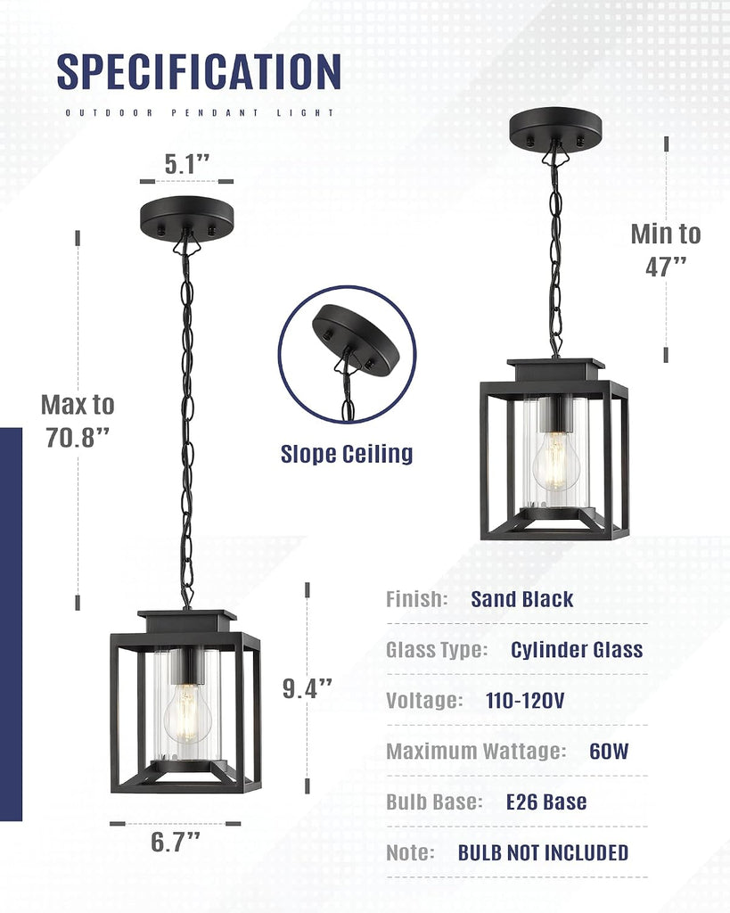Outdoor Pendant Light for Porch, 1-Light Black Hanging Porch Light Modern Exterior Hanging Lantern with Cylinder