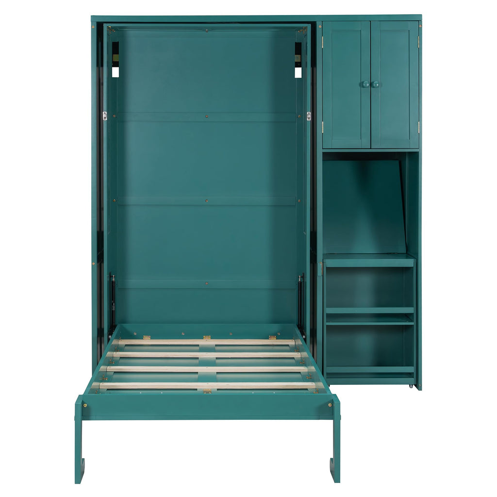 Twin Size Murphy Bed, Rotating Wall Murphy Beds with Bookshelf, Top Cabinet, Extendable Desk, Teal