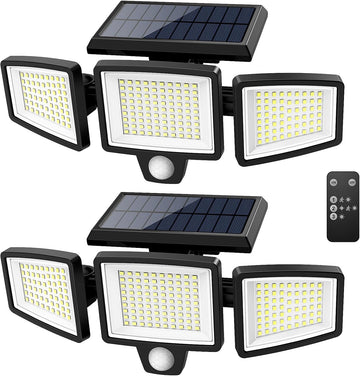 Solar Outdoor Lights 2500LM 210 LED Security Lights with Remote Control,3 Heads Motion Sensor Lights, IP65