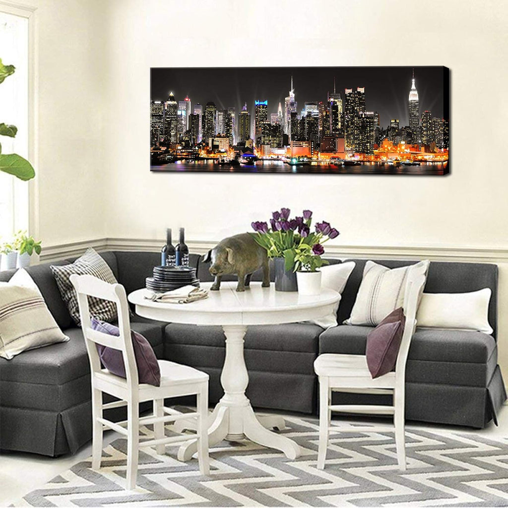 New York City Canvas Wall Art Manhattan Skyline at Night Picture Prints Framed NYC Skyline Landscape Artwork Modern
