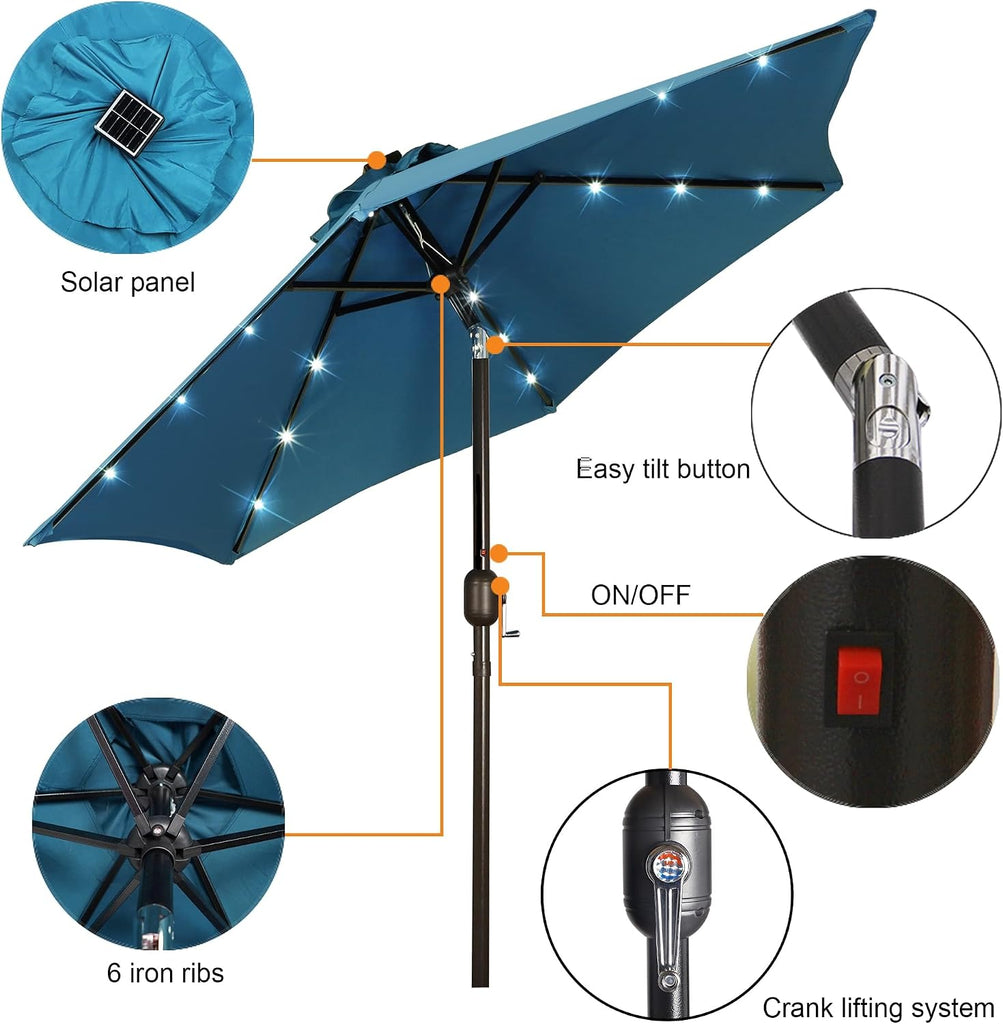7.5 ft Solar Umbrella, 18 LED Lighted Patio Umbrella, Table Market Umbrella - Cerulean