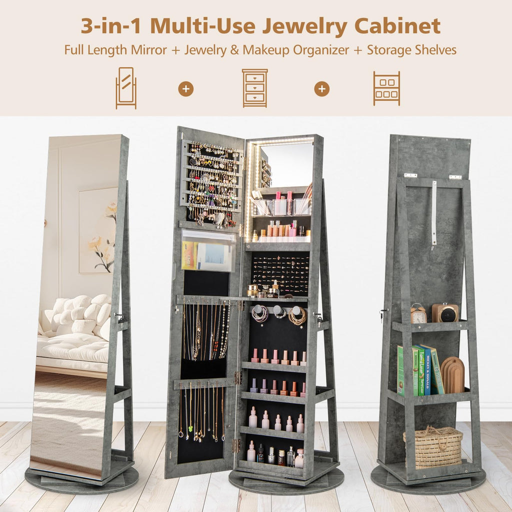 Swivel Jewelry Armoire, Full Length Mirror, Lockable, Stone Gray