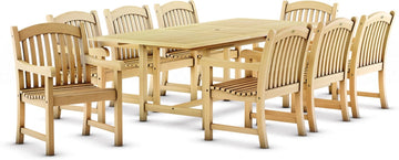 Newcastle 9-Piece Outdoor Rectangular Dining Table Set | Certified Teak | Ideal for Patio and Indoors, Light Brown