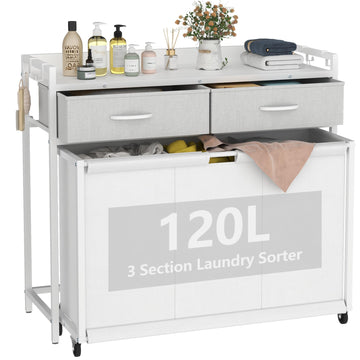 Laundry Hamper Laundry Basket with 3 Section Pull-Out Rolling Bags, Laundry Sorter for Organization and Storage with