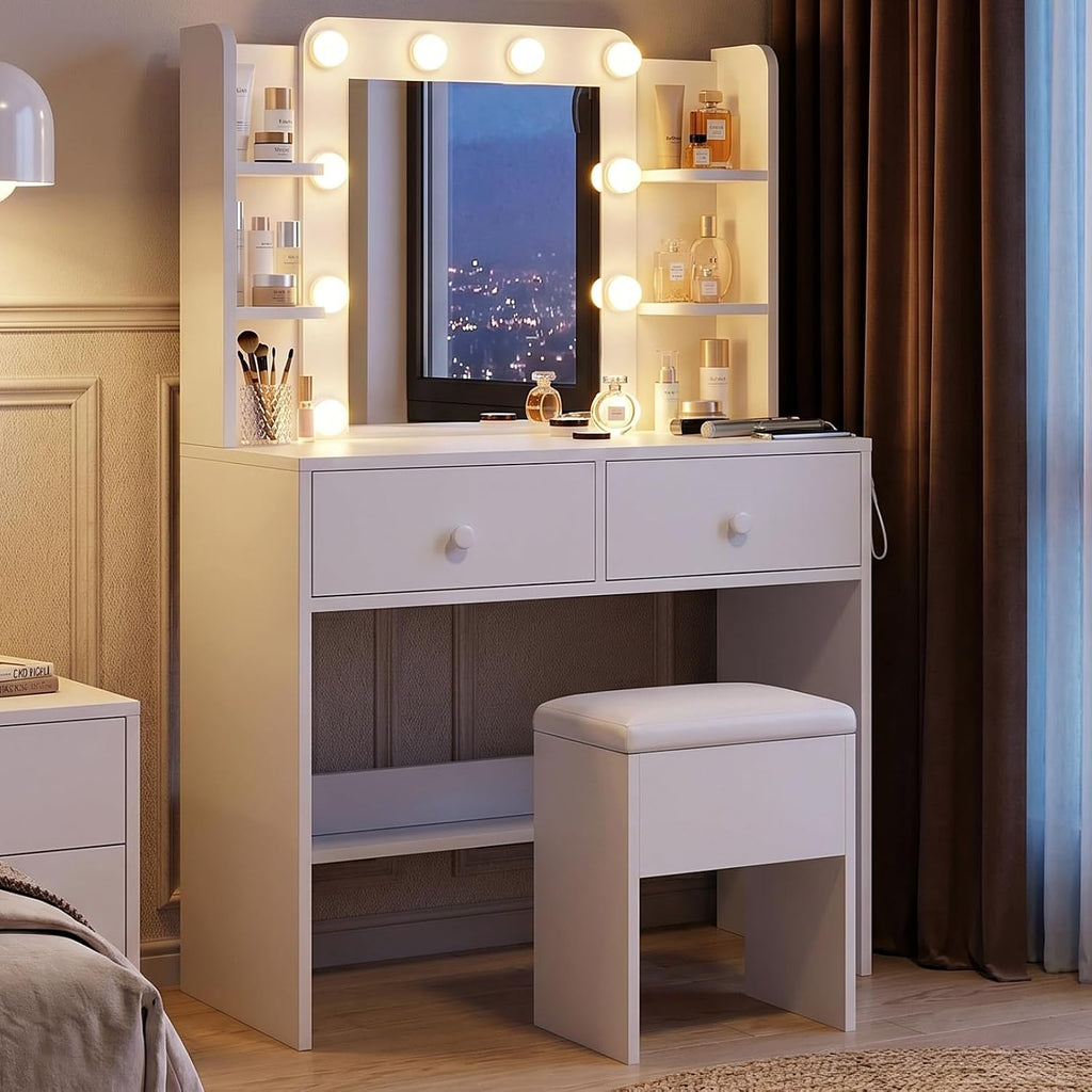 Makeup Vanity Desk with LED Mirror and Chair Set, White | 3 Lighting Modes, Built-in Charging Station, Storage