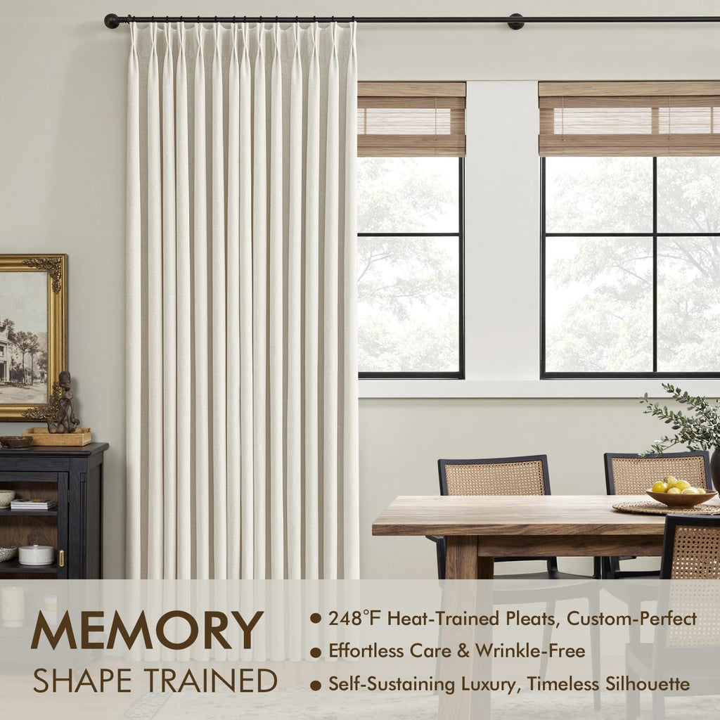 Natural Pinch Pleated 100% Blackout Linen Curtains, Room Darkening Light Blocking Window Curtains
