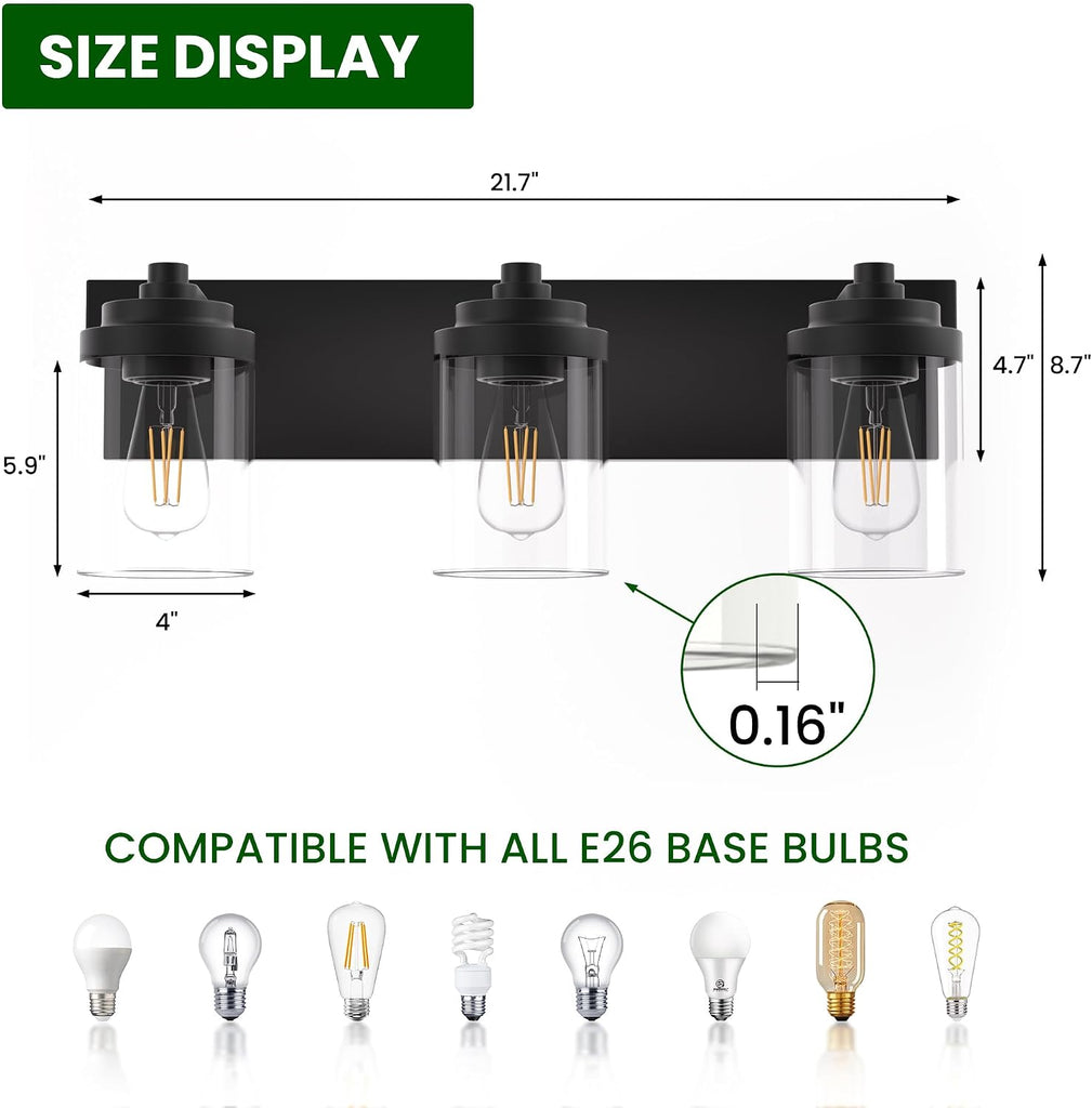 Bathroom Vanity Light, 3-Light Modern Black Vanity Light Fixtures with Clear Glass Shade, 22in Matte Black Bathroom