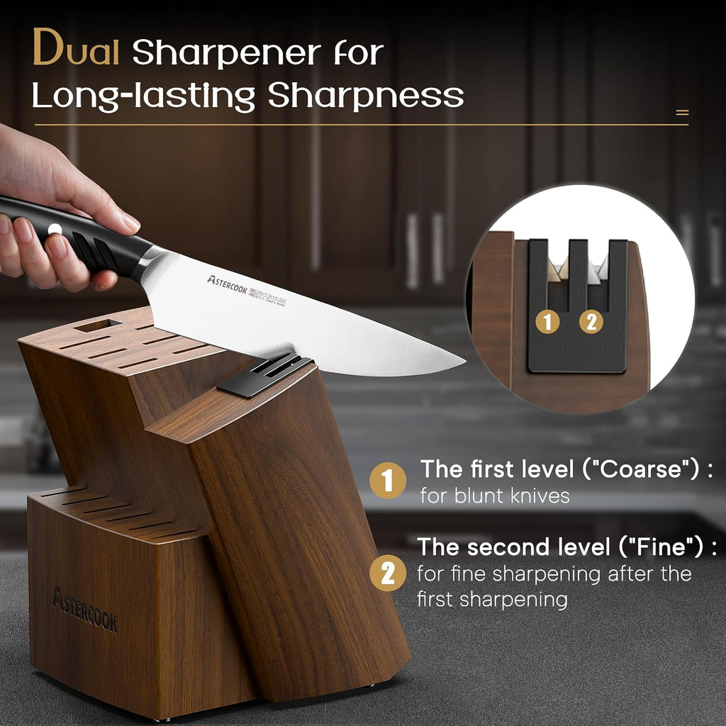 Knife Set, Kitchen Knives Set with Block and Dual Sharpener Full Tang 15 Pcs German Stainless Steel Knives Sharp