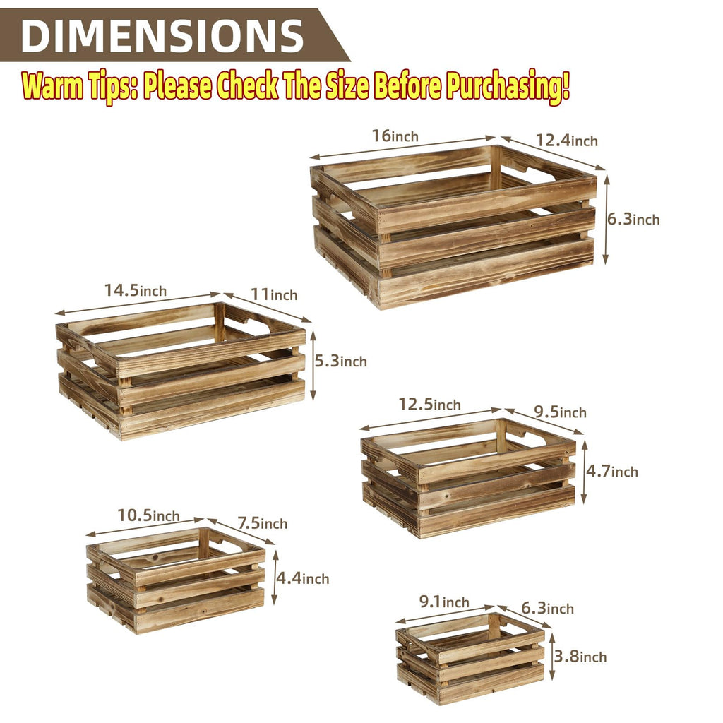 5-Piece Rustic Burnt Brown Wooden Crates Set, Wall Mountable Slatted Storage Crates with Handles, Farmhouse Wooden