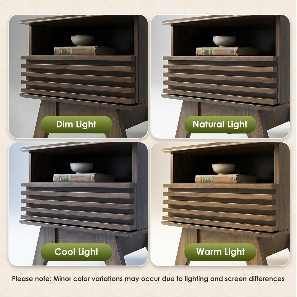 18.9" Wide Fluted Nightstand Set of 2, End Table with Drawer and Open Shelf, Mid Century Modern Side Tables with
