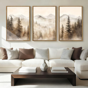 Large Mountain Forest Framed Canvas Wall Art 16x24 Inch Set of 3 Abstract Misty Woodland Painting Modern Farmhouse