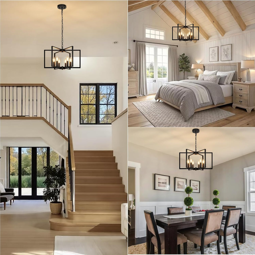 Black Farmhouse Chandelier, 6 Light Geometric Dining Room Light Fixture, Modern Industrial Metal Ceiling Light Rustic