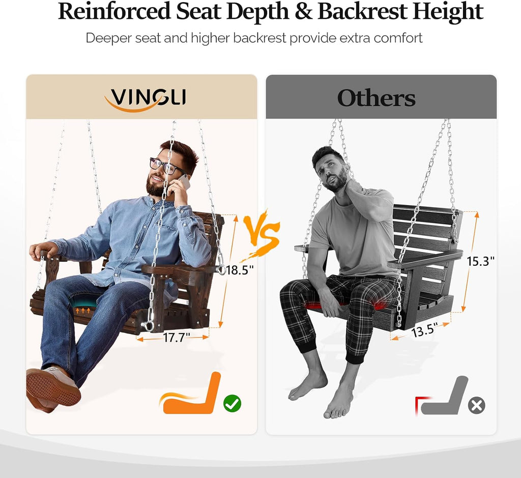 440 LBS Heavy Duty 1-Person Wooden Porch Swing, Rustic | Deep Seat Design; Higher Backrest; Extra Cup Holder;