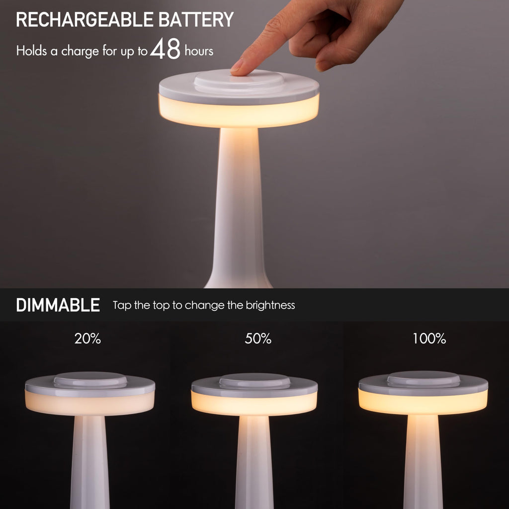 Dome Cordless Rechargeable LED Mushroom Table Lamp, Piano White