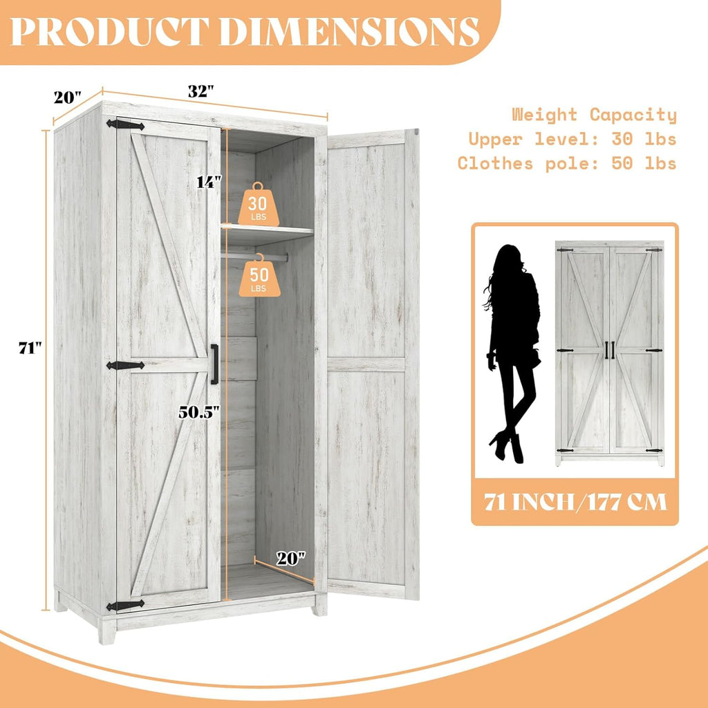 70" Large Armoire Wardrobe Closet with Hanging Rod, Farmhouse Clothing Storage Cabinet with 2 Barn Doors, Wooden Tall