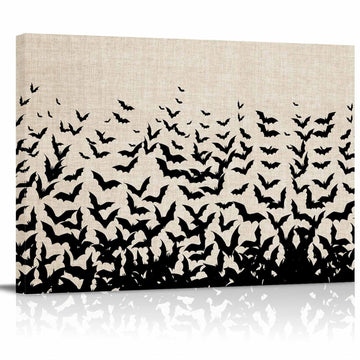 Halloween Black Bats Canvas Print Wall Art - Country Rustic Horror Night Beige - Wall Decor Modern Artwork Paintings