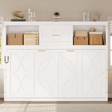 Farmhouse Wood Murphy Bed Chest with Charging Station & Drawer, Storage Wall Bed with Wood Slat Support/Space Saving