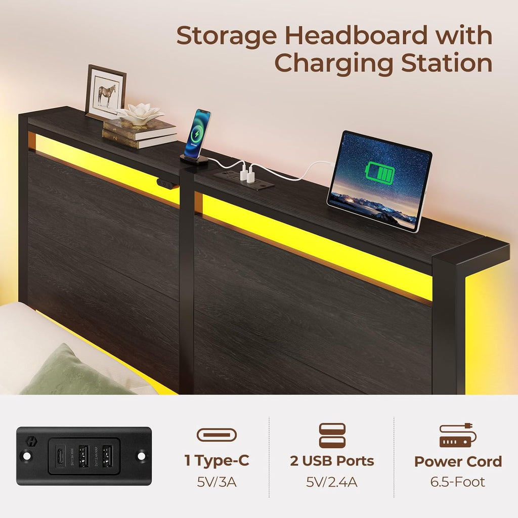Full Bed Frame with Charging Station, LED Full Bed Frame with Wood Storage Headboard