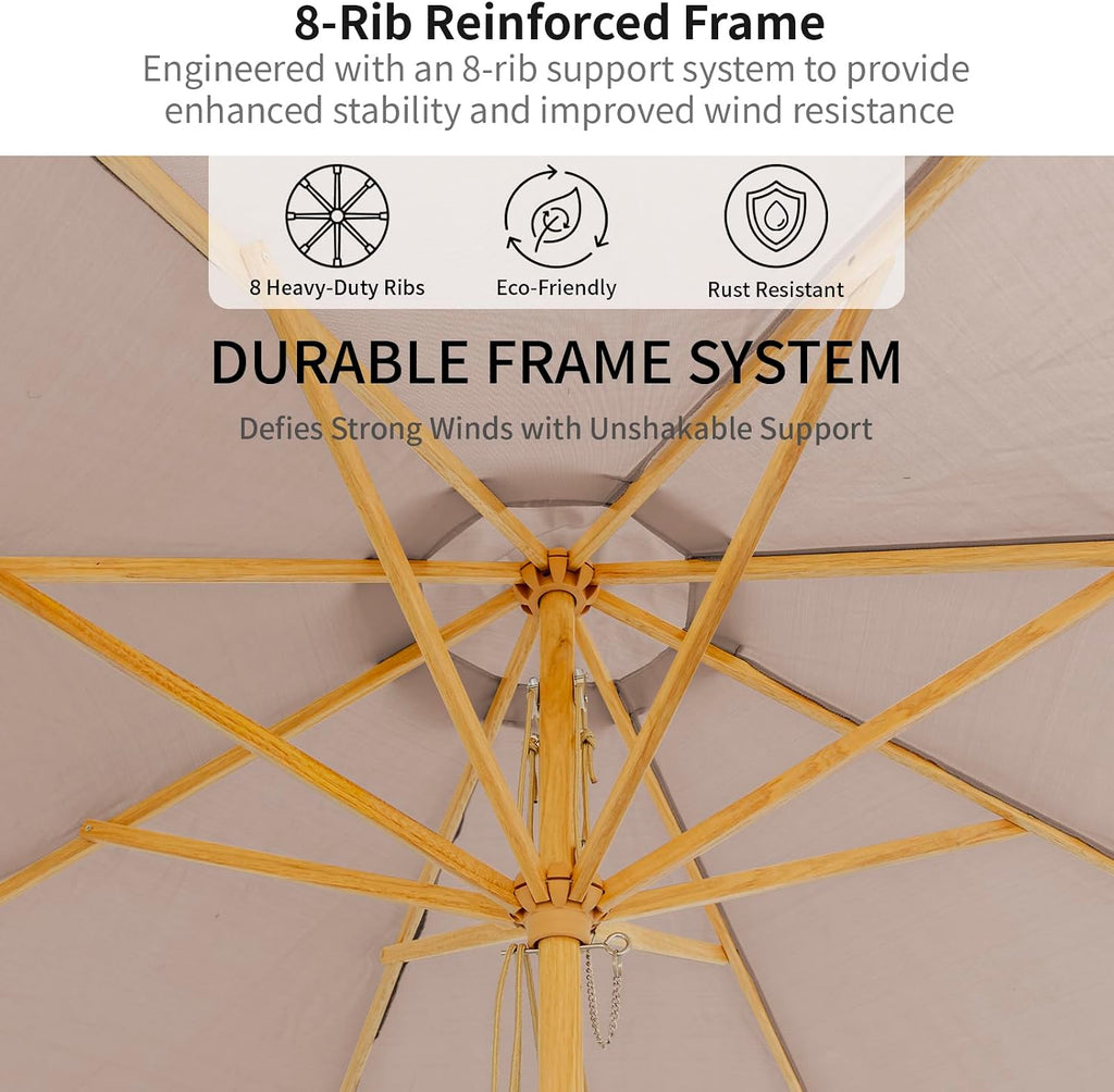9FT/10FT Wood Patio Umbrella, Large Outdoor Table Umbrella with 205G Olefin/180G Yarn-Dyed Fabric, Push-Pull Operation