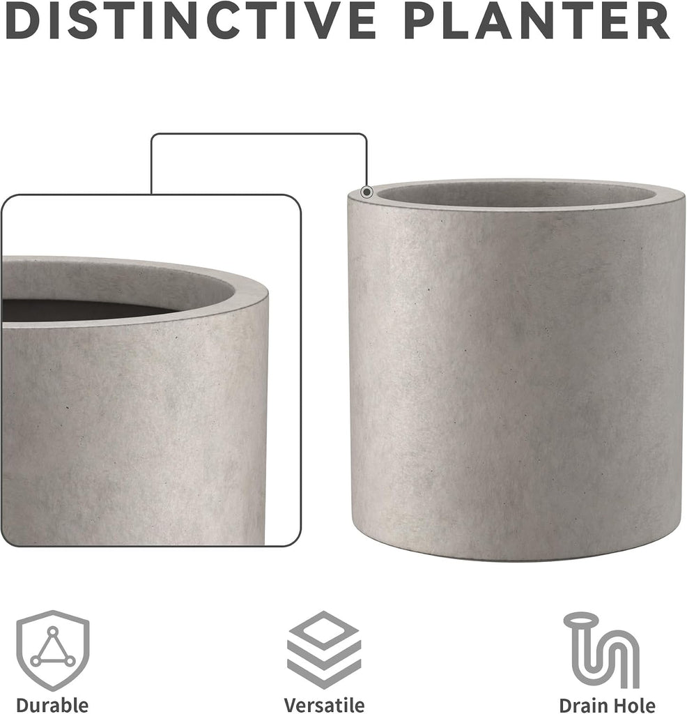 Large Round Cylinder Weathered Concrete Planter 15.8" Tall, Outdoor | Rubber Plug for Indoor, Drainage for Garden