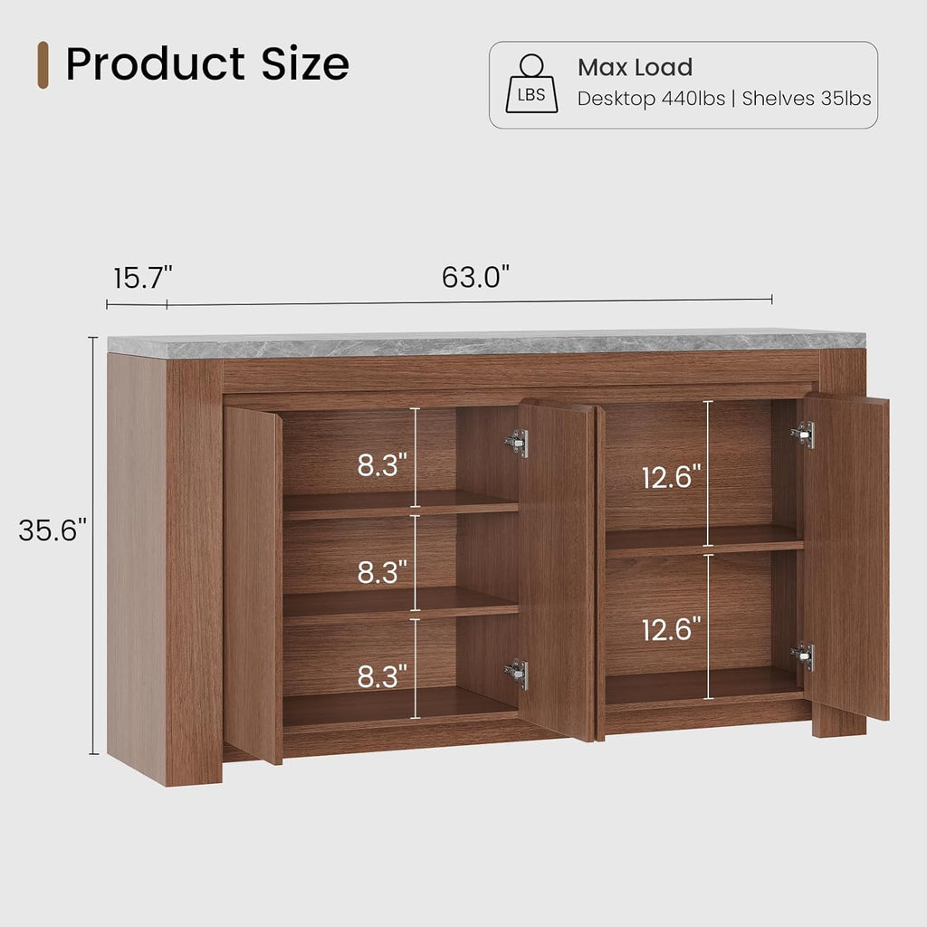 Buffet Cabinet with Storage, 63" Sideboard Buffet Accent Cabinet with Faux Marble Top & 4 Doors