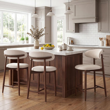 Counter Height Bar Stools Set of 3, Kitchen Bar Stools with Back, Mid Century Modern Upholstered Barstools with Wood