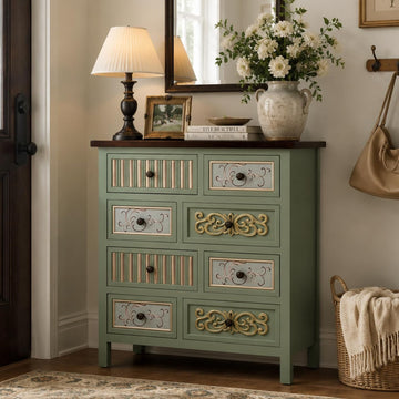 8 Drawer Accent Chest, French Country Storage Cabinet, Sage Green | 8 drawers with interchangeable designs, vintage