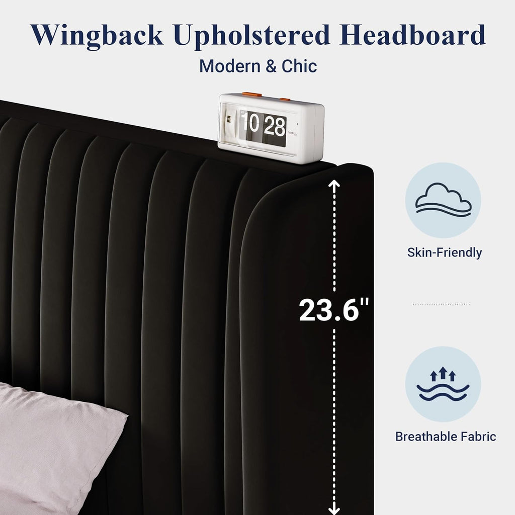King Velvet Bed Frame/Vertical Channel Tufted Wingback Headboard/Upholstered Platform Bed/Strong Wooden Slats/No Box