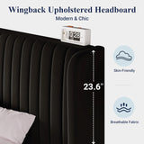 Full Velvet Bed Frame/Vertical Channel Tufted Wingback Headboard/Upholstered Platform Bed/Strong Wooden Slats/No Box