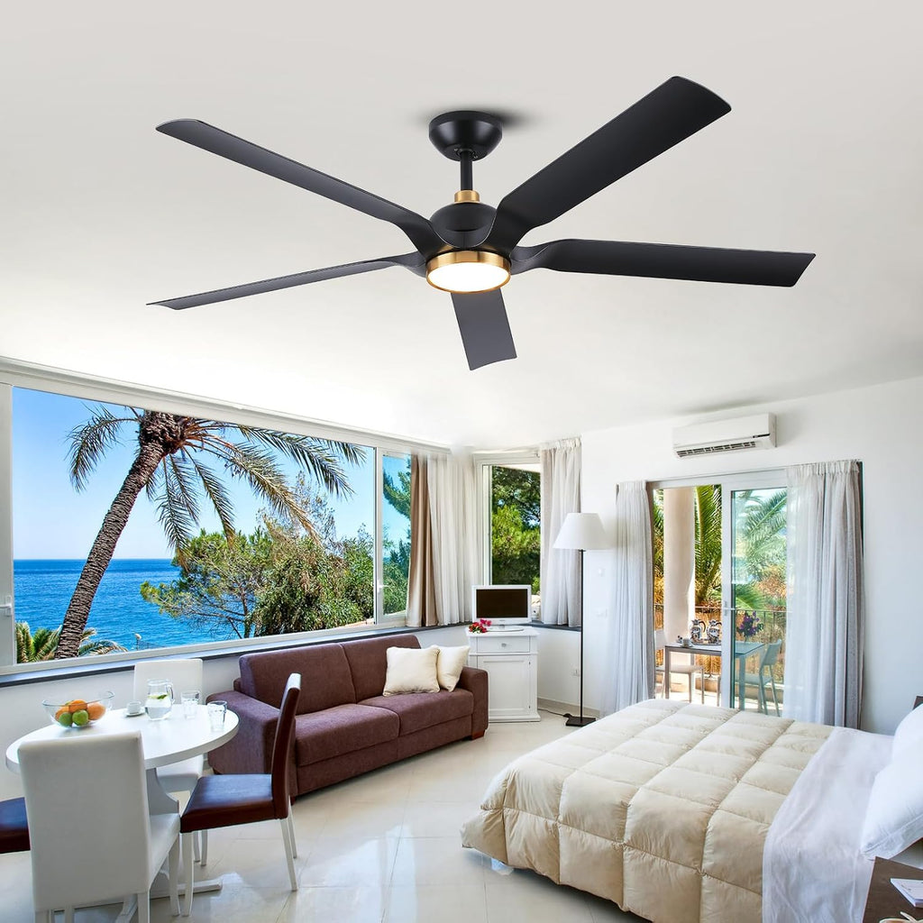 60 Inch Outdoor Ceiling Fan for Patios with Light, Black Gold Ceiling Fan with Long Downrods and Remote Control