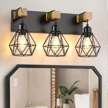 3 Light Bathroom Vanity Light, Farmhouse Black Fixture Over Mirror | Farmhouse Bathroom Light Fixtures, Wood & Metal