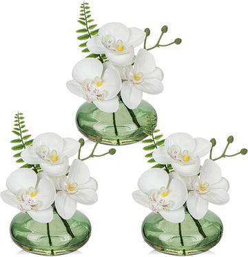 White Orchids Artificial Flowers Faux Orchids Arrangement in Light Green Glass Vases Set of 3 Real Touch Phalaenopsis