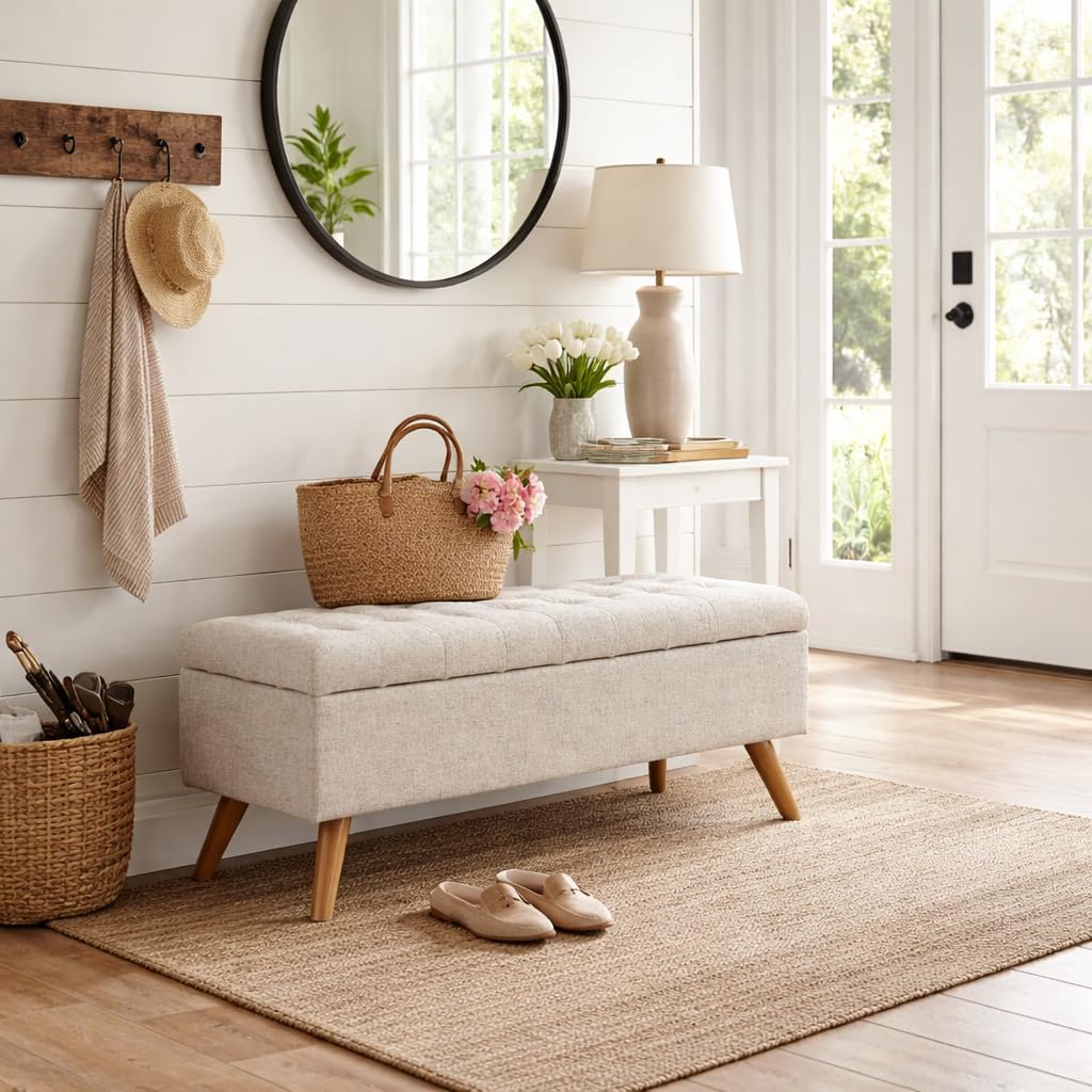 48" Modern Tufted Storage Bench - Textured Cream Fabric