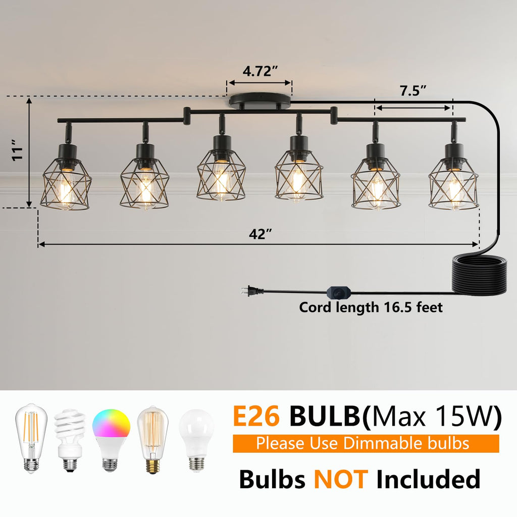 Dimmable Plug in Ceiling Light,Plug in Track Lighting,6 Light Black Industrial Farmhouse Ceiling Light with 16.5'