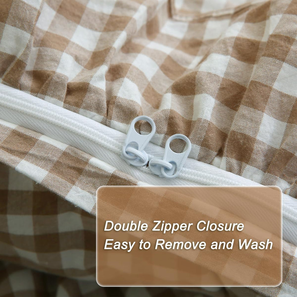 Taupe/White Plaid Ruffle Duvet Cover,100% Washed Cotton 3 Pcs Vintage Checkered Chic Gingham Bedding Set