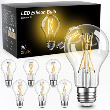 6 Pack A19 Vintage LED Edison Bulbs, Dimmable Light Bulb 60W Equivalent, High Brightness 2700K Warm White, 8W E26