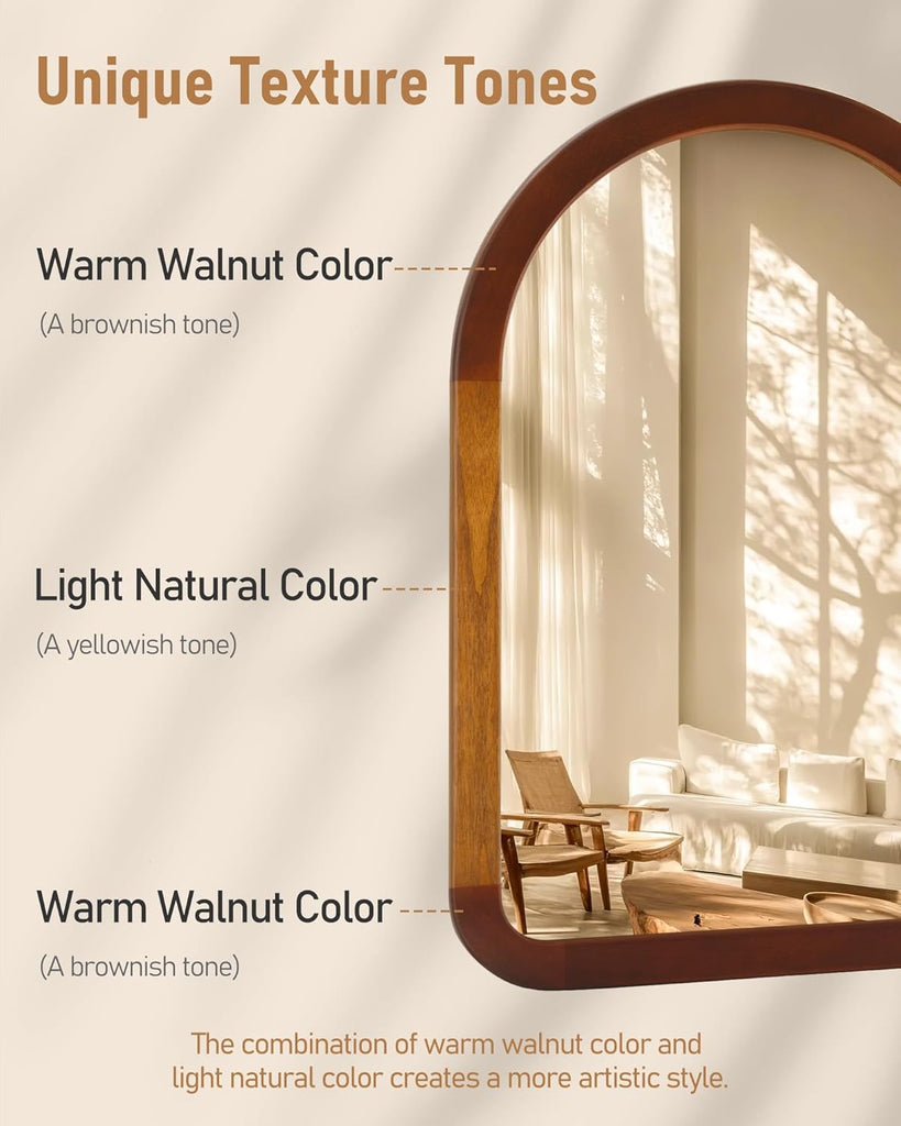Arched Mirror 24 x 36 Inch,Brown Wood Rustic Bathroom Tempered Wall Mirror with Wood Frame,Round Corner Arch Farmhouse