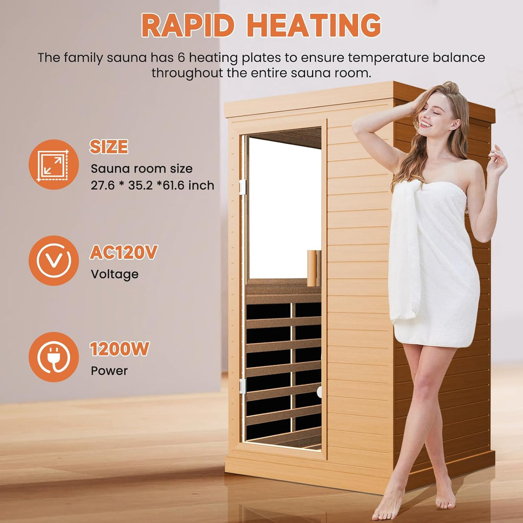 Far Infrared Sauna Home Sauna Spa Room Canadian Hemlock Wood 1200W Indoor Saunas Low EMF 110V with 7 Color Light and Tempered Glass Door, Room: 35.2 * 27.6 * 61.6Inch