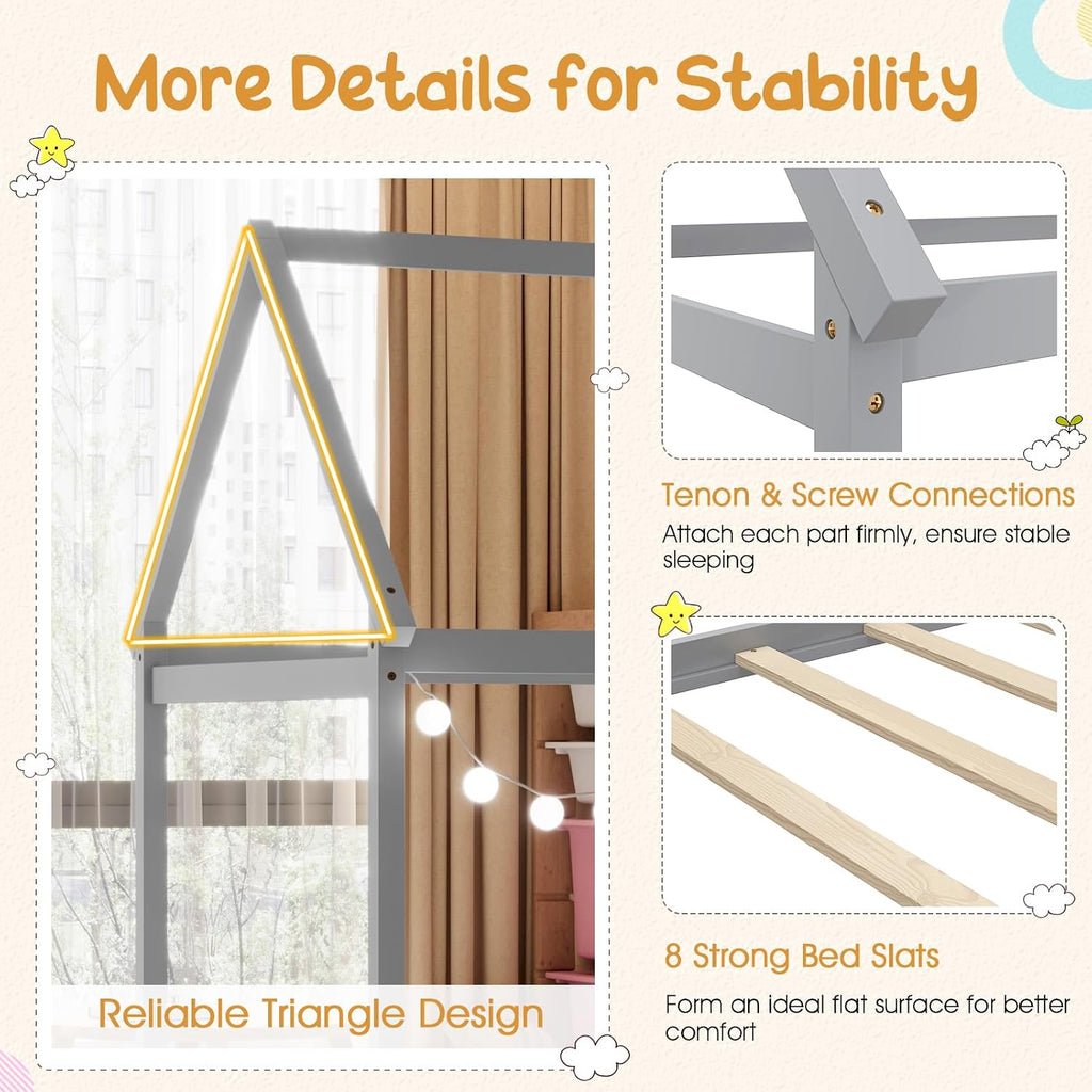 Tw Bed, Wood Montessori Bed Frame with House Roof Canopy, Low Floor Bed with Sturdy Wood Slat Support, No Box Spring
